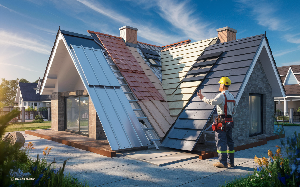 An image showing a roofer working on installing durable slate roofing tiles on a uniquely designed house with multiple gabled roofs against a blue sky background.