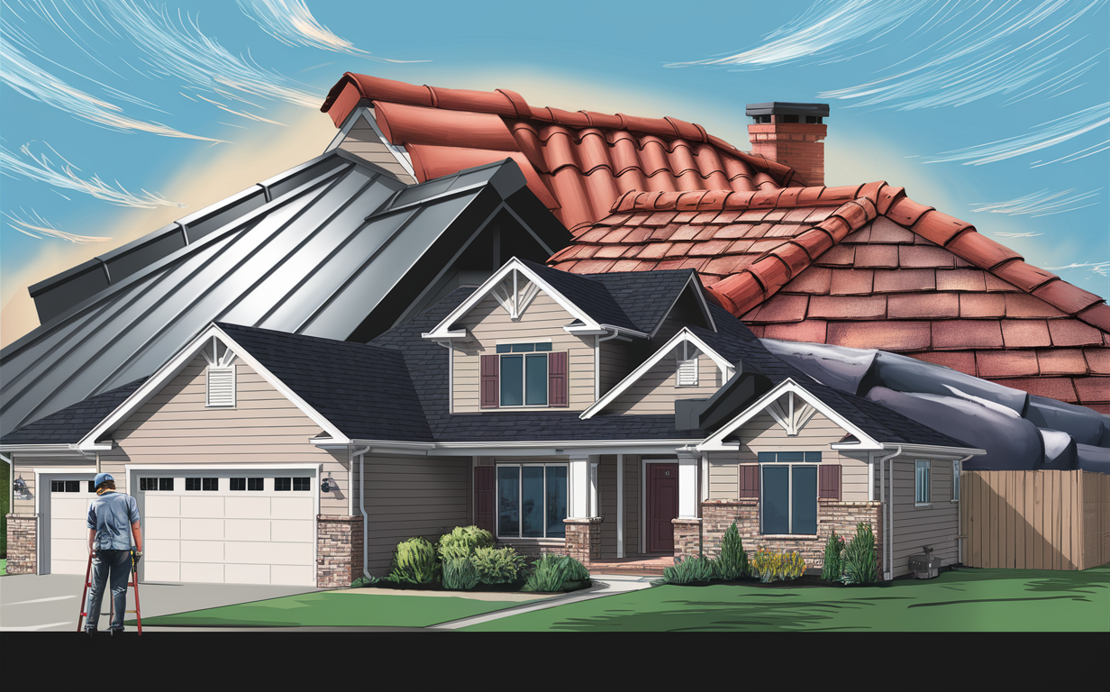 A roofer standing in front of a house showcasing different types of durable roofing materials including metal and slate tiles, along with piles of tiles on the ground