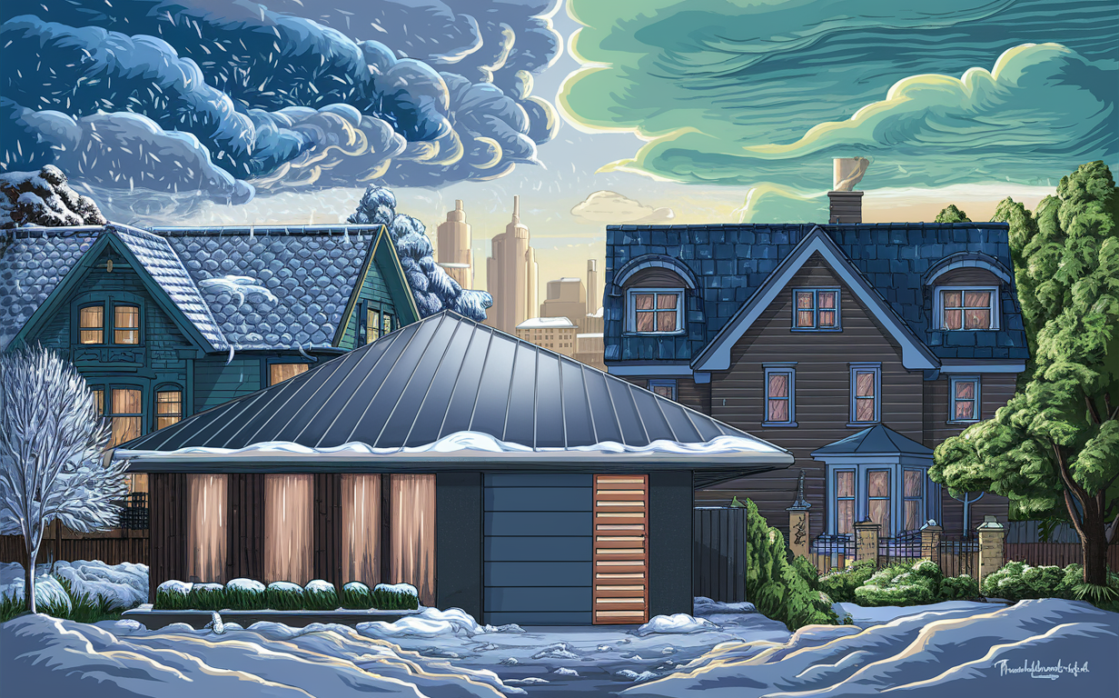 An illustration of a residential neighborhood covered in snow, featuring houses with different roofing materials like metal, shingles, and traditional wood roofs, set against a cloudy sky and cityscape in the background.