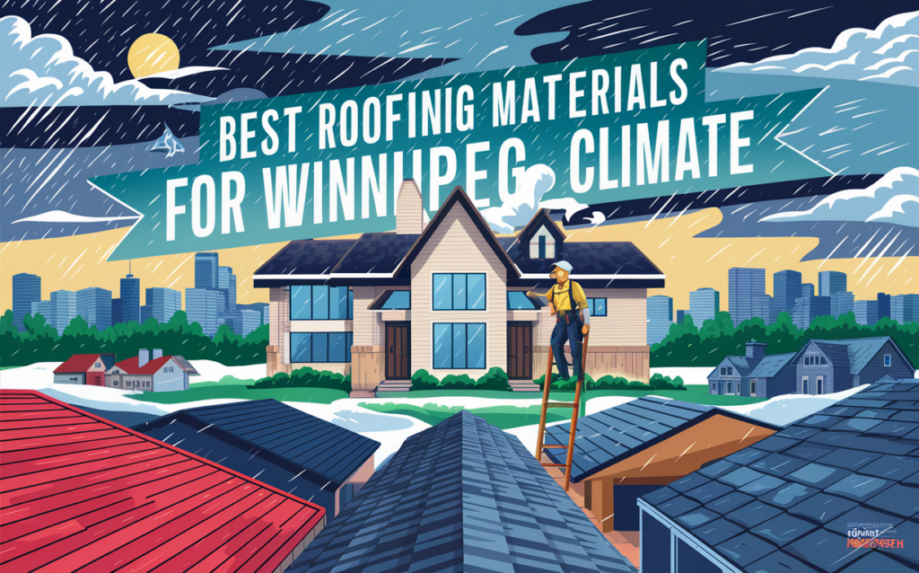 An illustration showing a worker repairing a roof in a snowy residential area with the text 'Best Roofing Materials for Winnipeg Climate' and various roofing materials like shingles and metal roofs displayed.