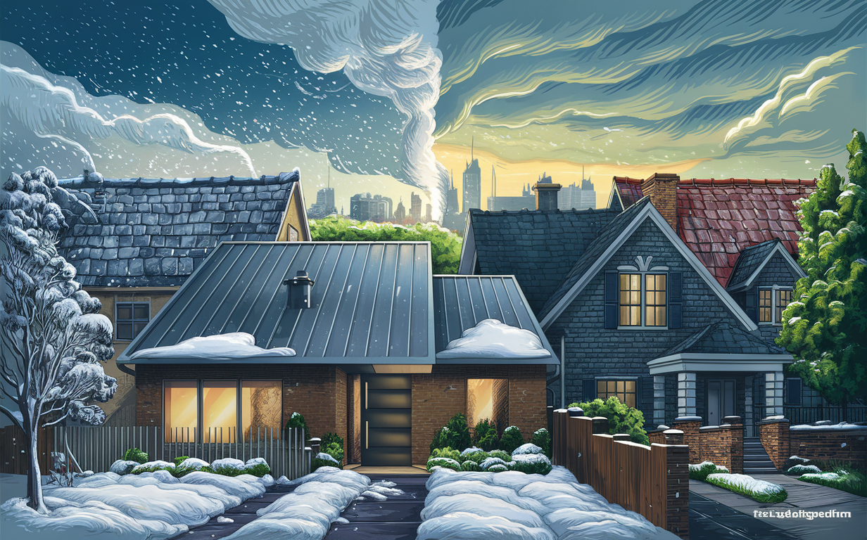 An illustration of residential homes in Winnipeg covered in snow during a winter night, with the city skyline visible in the background under a starry sky.