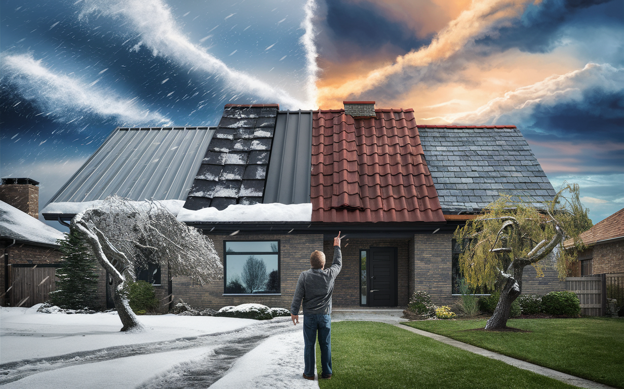 An illustration showing a house with different roofing materials on each section, experiencing contrasting weather conditions of snow and sunshine simultaneously, highlighting the need for suitable roofing options to endure Winnipeg's varied climate.