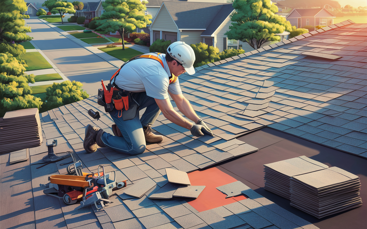 A worker carefully installs new asphalt shingles on the roof of a residential house, surrounded by roofing tools and materials on a sunny day.