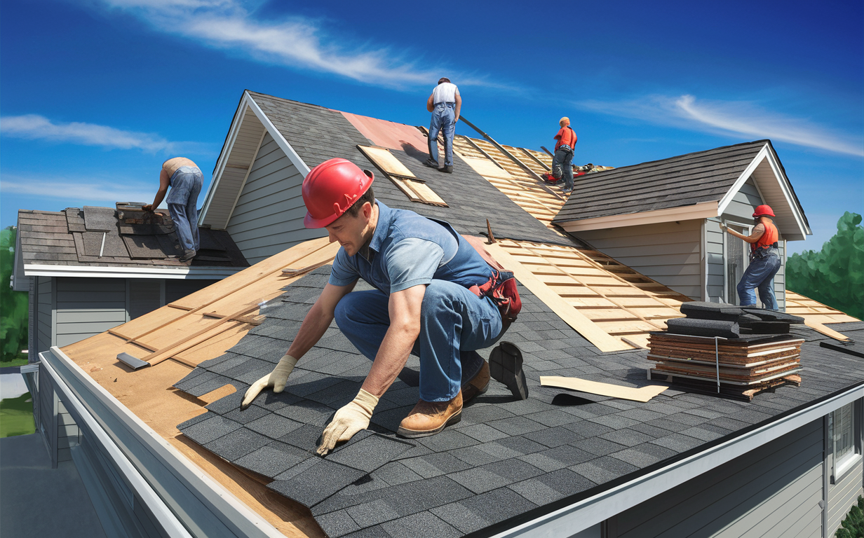 A team of professional roofers installing new asphalt shingles on the roof of a residential house, with some workers removing old shingles and others laying down new ones under a bright blue sky.