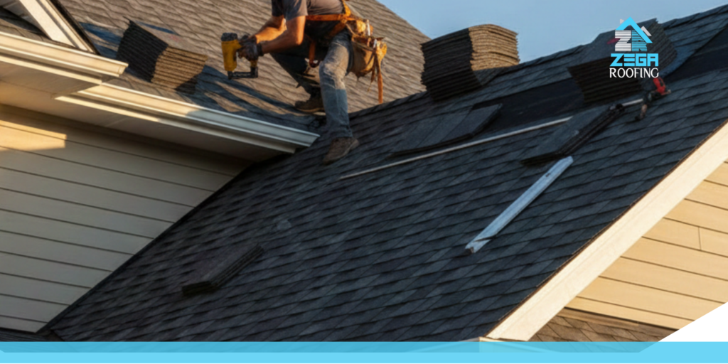 A professional roofer installing dark gray asphalt shingles on a residential home with a clear blue sky background, showing the layered installation process without any text overlay