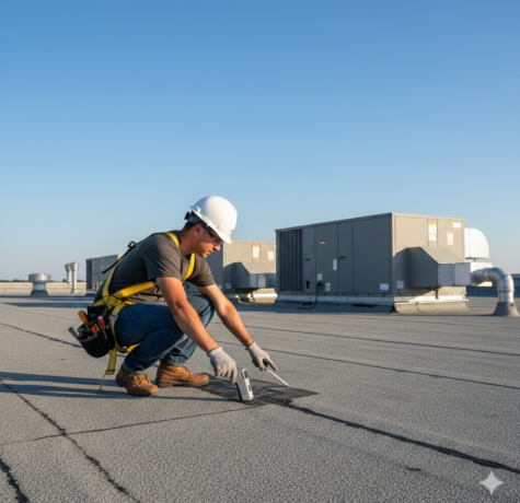 A professional roofing contractor inspecting a flat commercial roof with modern HVAC equipment in the background, clear blue sky, no text on image, realistic photography style showing safety gear and inspection tools