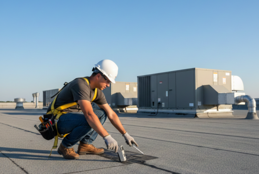 A professional roofing contractor inspecting a flat commercial roof with modern HVAC equipment in the background, clear blue sky, no text on image, realistic photography style showing safety gear and inspection tools