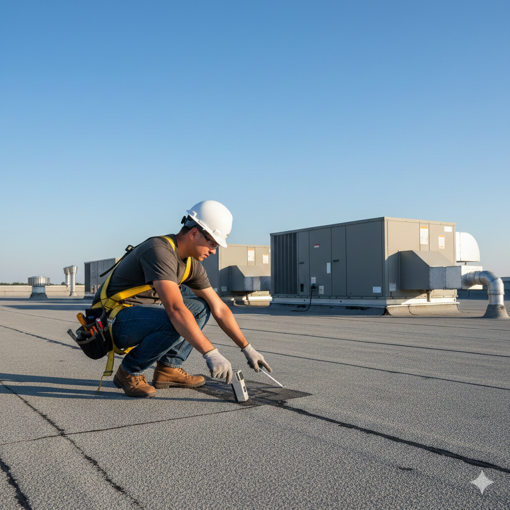A professional roofing contractor inspecting a flat commercial roof with modern HVAC equipment in the background, clear blue sky, no text on image, realistic photography style showing safety gear and inspection tools
