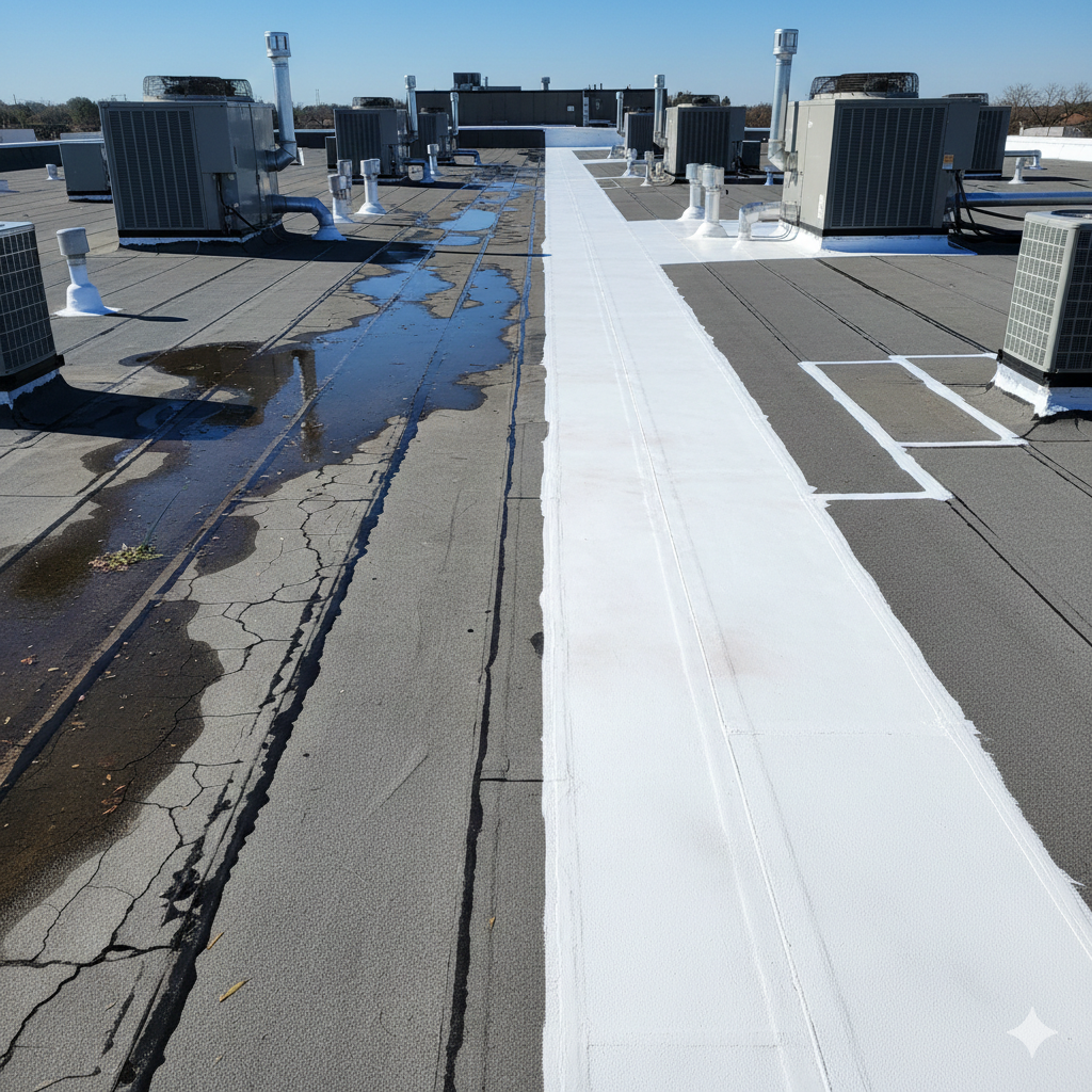 Wide angle shot of a well-maintained commercial flat roof with clear drainage systems, walkway pads leading to HVAC units, and clean membrane surface in daylight, professional industrial setting, no text